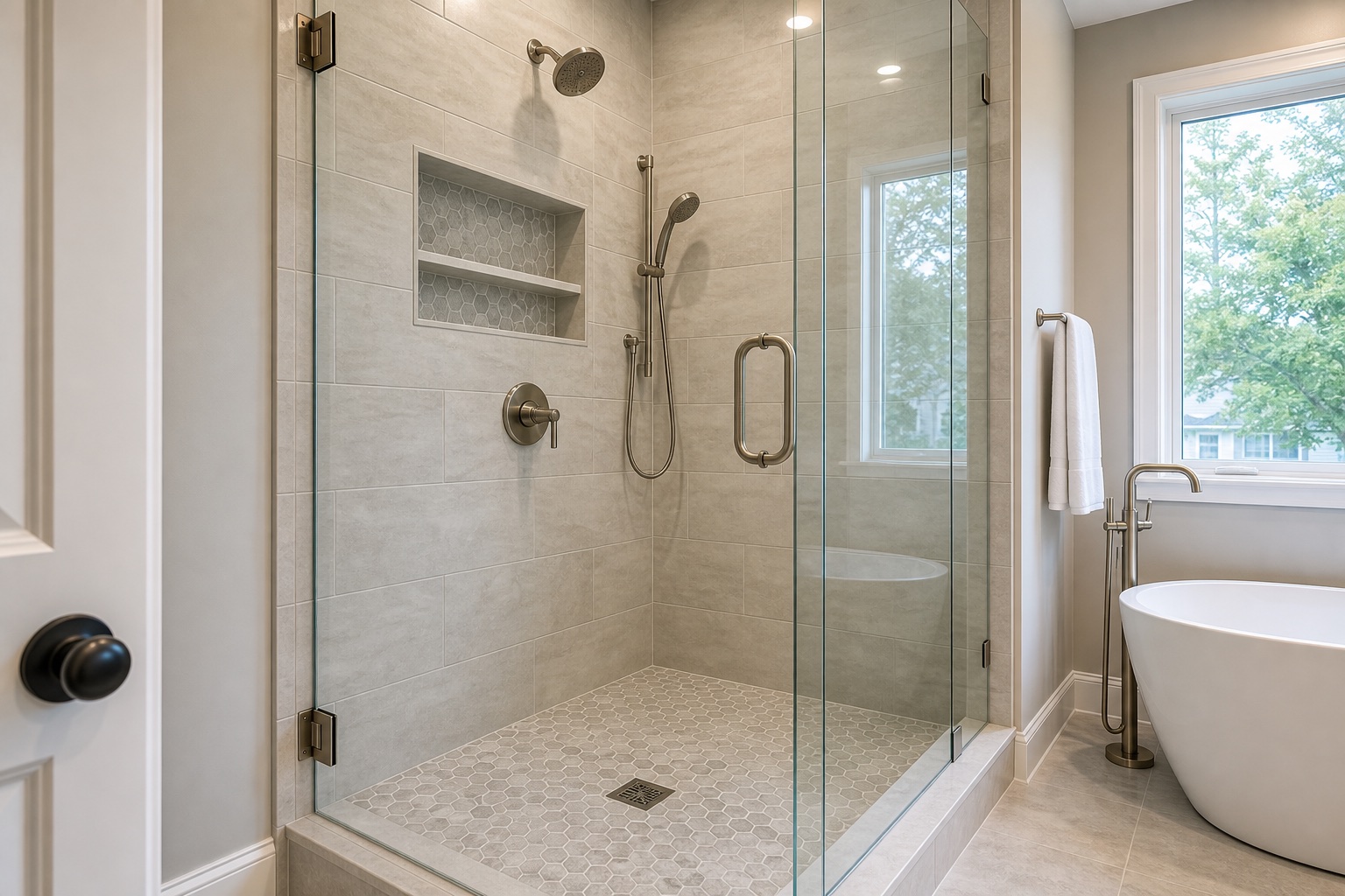 Finished bathroom wet zone with a tiled shower, frameless glass, niche, handheld fixture, and freestanding tub